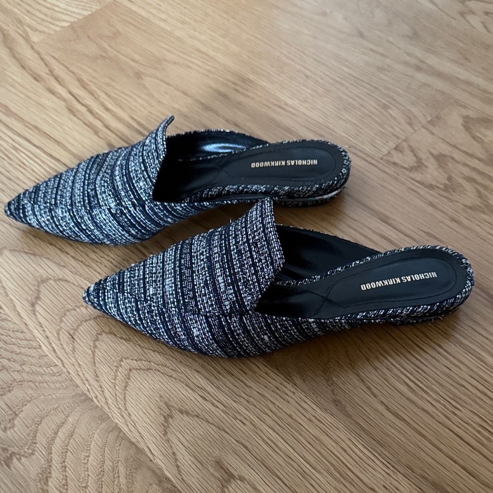 Nicholas Kirkwood Black, Midnight and White Tweed Mules - Picture 2 of 7